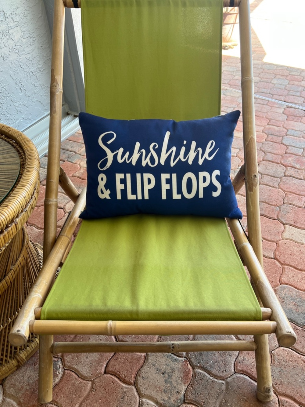 Navy Blue Decorative Pillow with White "Sunshine & Flip Flops"